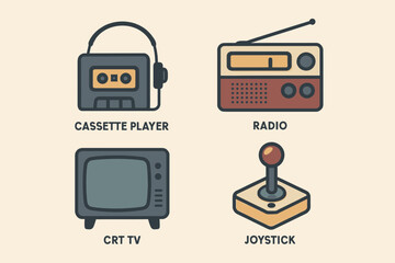 Retro Electronic Devices Cassette Player Radio CRT TV and Joystick.