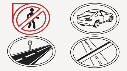 Road Safety Signs Pedestrian Prohibition Car and Road Views.