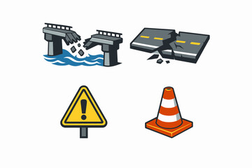 Road Safety Icons Broken Bridge Pavement Warning Sign Traffic Cone.