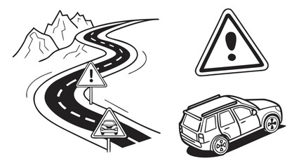 Road safety awareness illustration with car and warning signs.