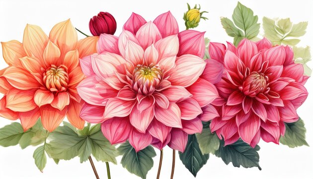 watercolor dalia flowers isolated on white background