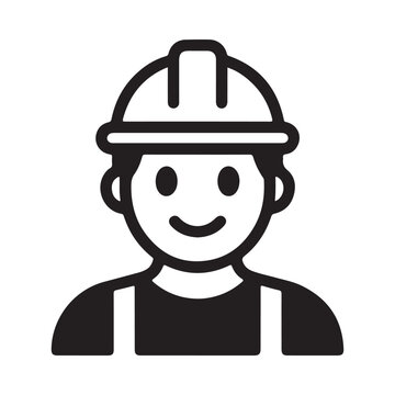 Simple black and white icon depicting a construction worker wearing a helmet
