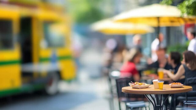 A street scene with outdoor seating, food on a table, and a food truck blurry in the background