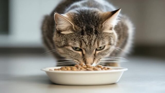 A tabby cat, fixated, hunches over a bowl of kibble, its eyes intently focused