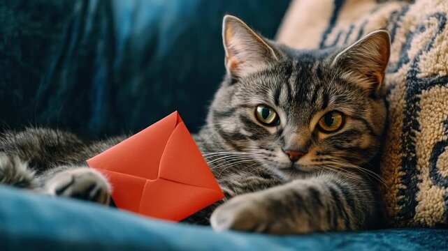 A tabby cat, holding a red envelope, lounges on a blue couch, against a patterned cushion