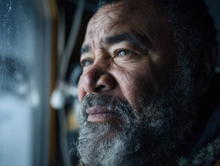 A documentary-style head and shoulders portrait of a senior Indigenous male climate researcher inside a polar research station, resilient determined expression, only head and shoulders visible