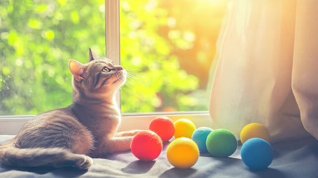 A tabby cat sits on a windowsill looking upward, near colorful balls, with a bright, sunlit green backdrop