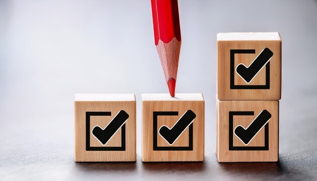 checklist in progress a close up shot features wooden blocks marking progress with a check mark on the first and a red square on the second a pencil in the background