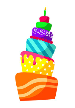 A delightfully lopsided, multi-tiered cake stacks vibrant orange waves, yellow polka dots, teal stripes, and purple swirls beneath a final pink peak and a single glowing green candle