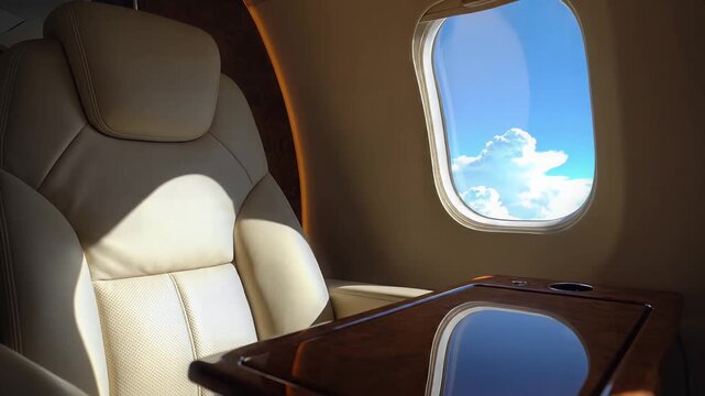 Leather seat and window in private jet cabin for luxury travel concept