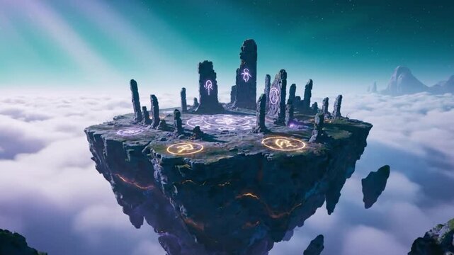 A surreal fantasy island with mystical architecture floats in an ethereal dreamscape, viewed from below the cloudy atmosphere
