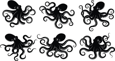 Octopus silhouette collection isolated on white background detailed tentacles marine animal black vector illustration set ocean wildlife design © Md Rofequl Islam