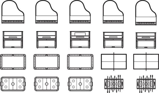 A collection of line art drawings showcasing the beauty and complexity of various types of musical instruments and sports arenas.