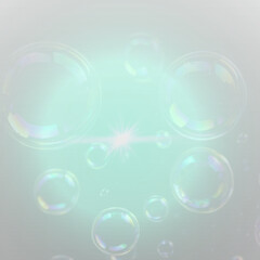 Realistic illustration of flying iridescent soap bubbles on a light grey background