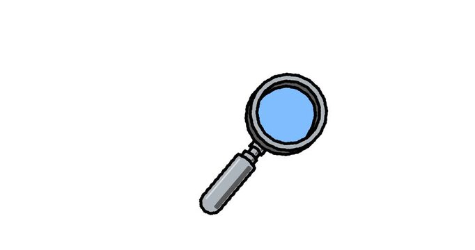 Hand drawn animated magnifying glass searching with blue lens and yellow star. Search, discovery, SEO and analysis business concept doodle sketch. 4K loop, white background.