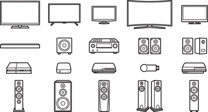 A modern, sleek collection of home theater electronics. The illustration presents a detailed selection of screens, speakers and audio equipment for the modern home.