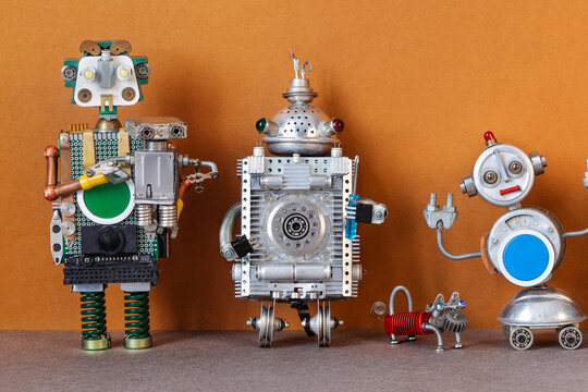 Four toy robots and a mechanical dog standing together. Friend robot concept, sci-fi character invitation, mechanical pet card