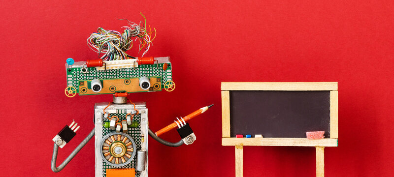 Amusing robot educator with wire hair holding pencil pointer beside blank blackboard. Classroom concept, teaching flyer, training leaflet