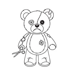 Obraz premium Creepy, stitched teddy bear with sad button eyes holding scissors, embodying a broken toy or horror aesthetic.