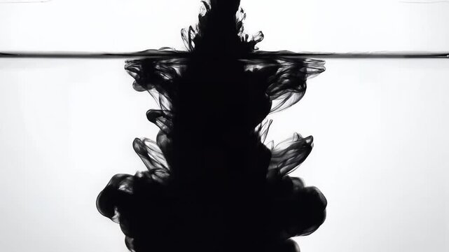 Black ink dropping into clear water against white background for abstract design