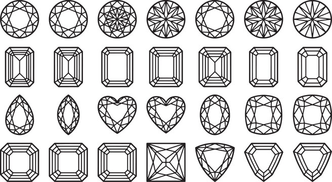 Collection of precision-cut gem shapes showcasing a variety of intricate designs and facets, Each form symbolizes luxury.