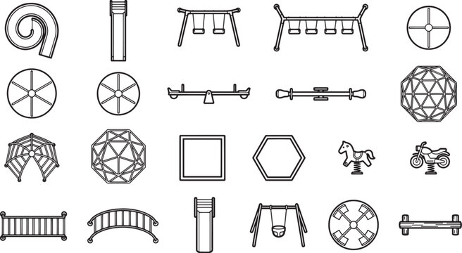 A collection of various playground equipment, meticulously illustrated in a simple, linear style. The set features a diverse range of items for outdoor recreation.