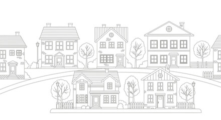 Line art illustration of a serene suburban neighborhood scene.