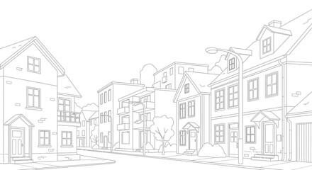 Detailed line drawing of a serene suburban street scene with houses and trees. © weah