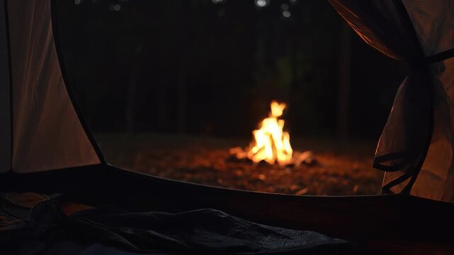 Campfire burning at night seen from inside a tent for outdoor adventure concept