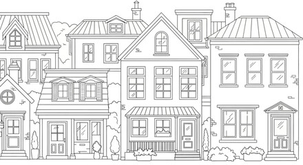 Obraz premium Detailed black and white illustration of a row of houses with varied architectural styles.