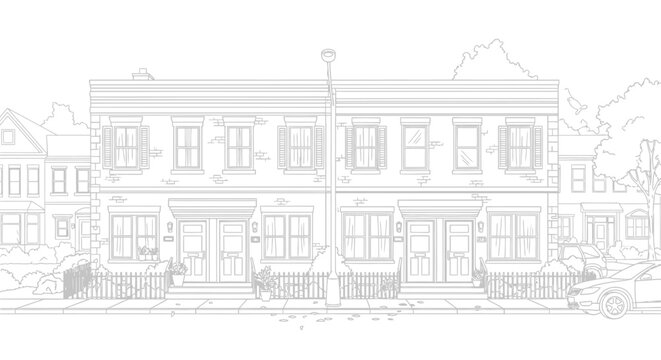 Detailed line drawing of a row of terraced houses with cars parked outside.