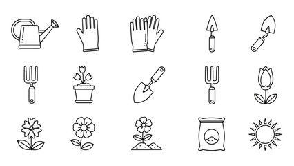 Obraz premium Gardening Icon Sheet Featuring Vector Illustrations of Tools and Plants