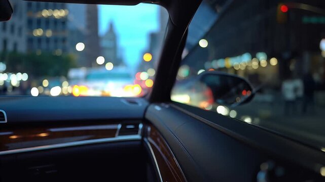 Car interior dashboard with night city street bokeh for urban travel concept