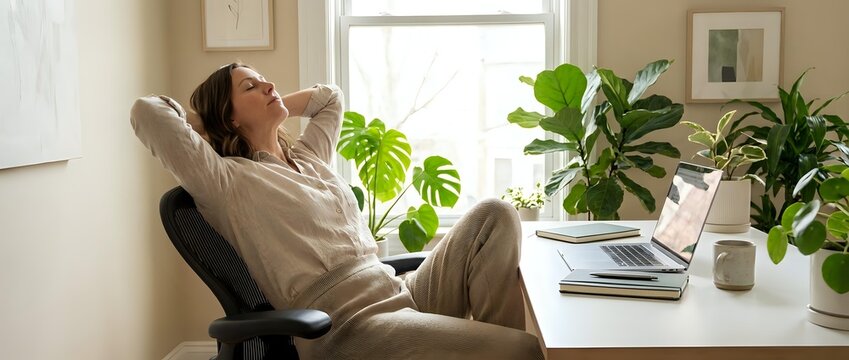 Young woman relaxing in ergonomic office chair with hands behind head, taking break from laptop work in bright home office with green plants.
