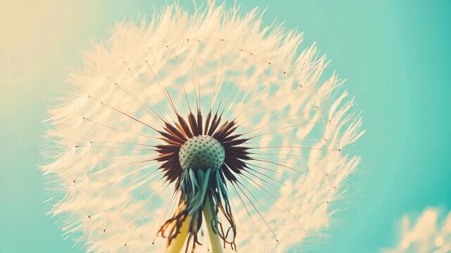 Close-up of dandelion seedhead against a serene teal sky, soft lighting, showcasing delicate structure
