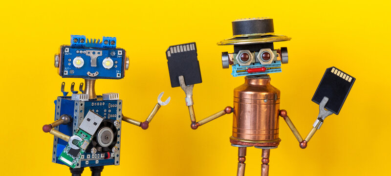 Blue and copper robot duo presenting memory cards and usb flash. Innovation concept, data sharing poster, tech collaboration banner