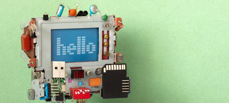 Computer robot with Hello on blue display, holding memory stick and usb drive. Tech greeting concept, IT communication flyer, digital device leaflet