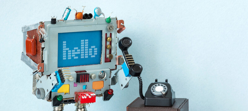 Computer robot with large blue Hello display holding vintage rotary handset. Tech greeting concept, IT support flyer, automated service leaflet