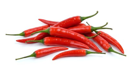 Fresh red hot chili peppers isolated on white background. Spicy cayenne peppers for cooking, seasoning and culinary ingredients in kitchen recipes.