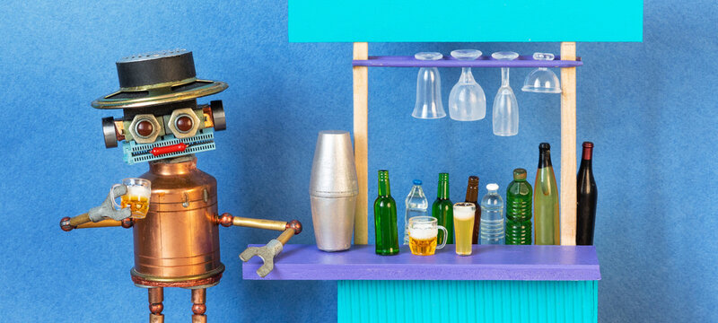 Smiling copper robot barkeeper in hat holding beer glass leaning on bar. Bar celebration concept, drink promotion poster, party banner