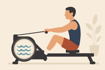 Man Exercising on Rowing Machine for Fitness and Health.