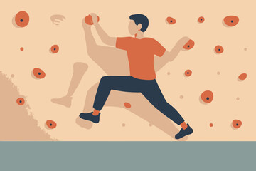 Man Climbing Indoor Rock Wall with Focus and Determination.