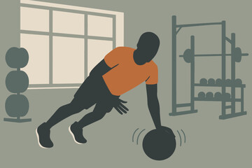 Man Exercising with Medicine Ball in Gym.