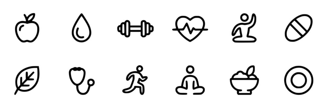 Icons health and wellness set with minimalist designs and simple shapes featuring fitness, nutrition, apple with water and dumbbell elements for heart, yoga projects, clean composition on simple