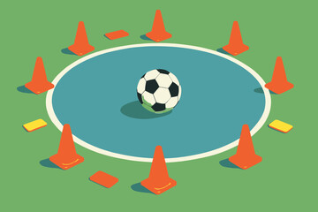 Soccer ball surrounded by cones in a training circle.