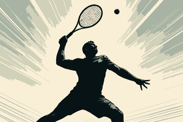 Silhouette of a tennis player hitting a ball with a racket.