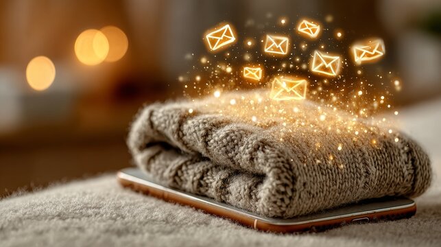 Cozy sweater on smartphone with glowing email icons