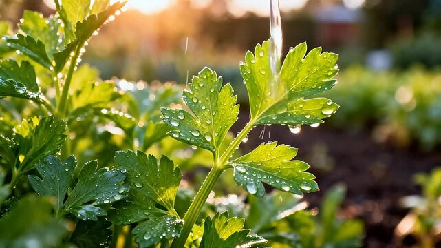 Green leafy plant with water droplets