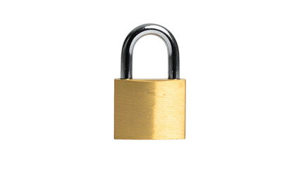 Naklejka premium Golden brass padlock with silver shackle, isolated on black