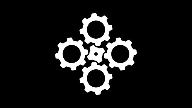 Animation of Five interconnected gears rotating together on a black background, Gear mechanism rotating animation. Rotating gear silhouette. Seamless loop Group of gears. Gears rotating